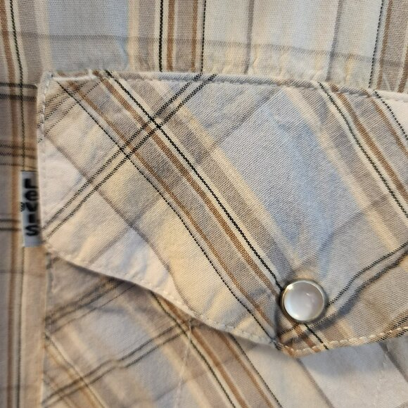 Levi’s XL Western Plaid Pearl Snap Short Sleeve Shirt Blue Tan Pre-owned - Picture 6 of 7